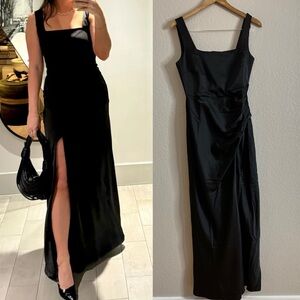NWOT Red Carpet Romance Black Satin Square Neck Maxi Dress